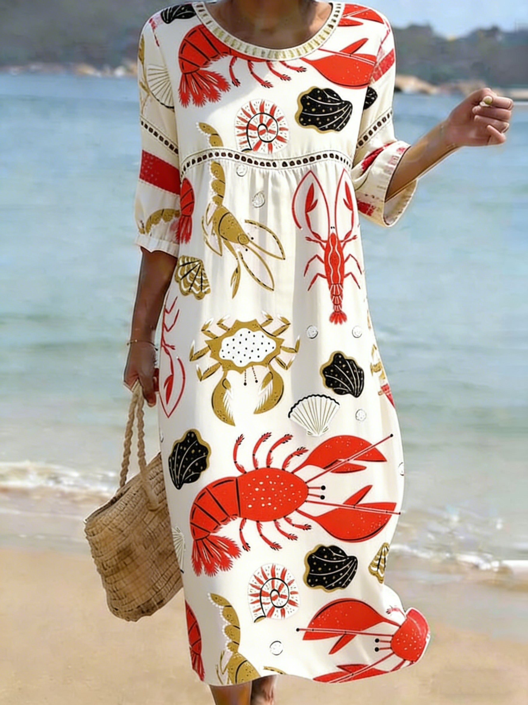 Women's Folk Pattern Printed Crew Neck Cotton and Linen Dress