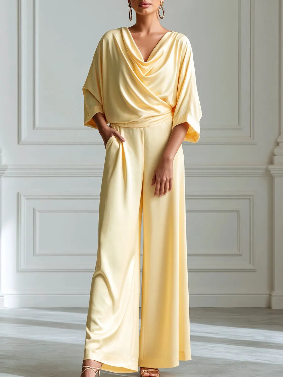 Cowl Neck Batwing Sleeve Top And Wide-Leg Pants Set