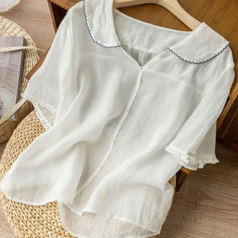 Women's Casual Short-sleeved Sailor Collar Linen Blend Blouse
