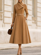 Asymmetric Wrap Collar Belted Fit & Flare Midi Coat Dress