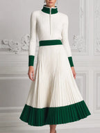 White Dress Preppy Stockholm Style Contrast Ribbed Knit Pleated Midi Dress