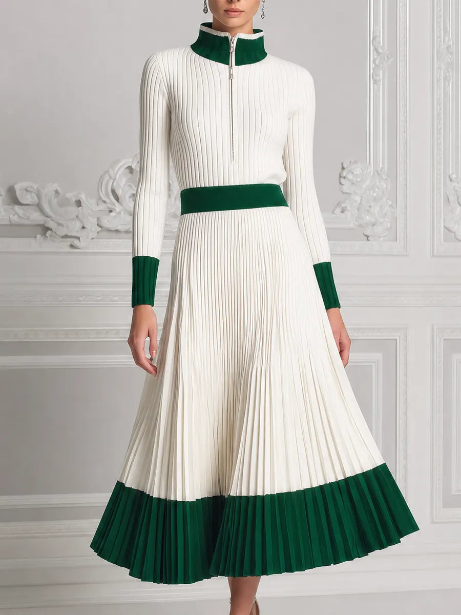 White Dress Preppy Stockholm Style Contrast Ribbed Knit Pleated Midi Dress
