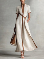 Women's V-neck Short-sleeve Casual Loose Cotton-linen Dress