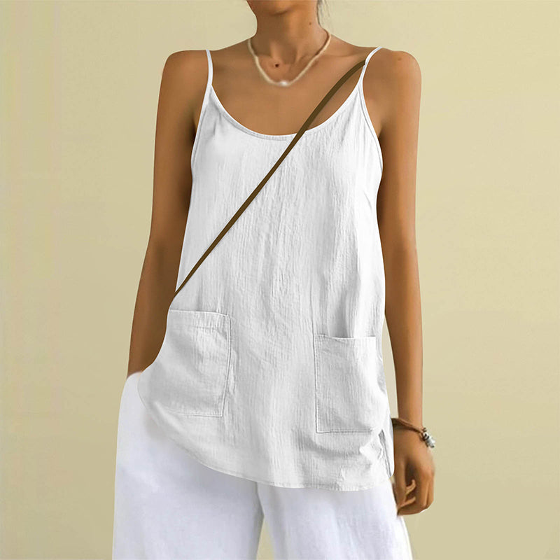 Women's Solid Color Sleeveless Linen Blend Pocket Camisole