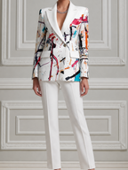 White Abstract Print Blazer & Slim Pants Set