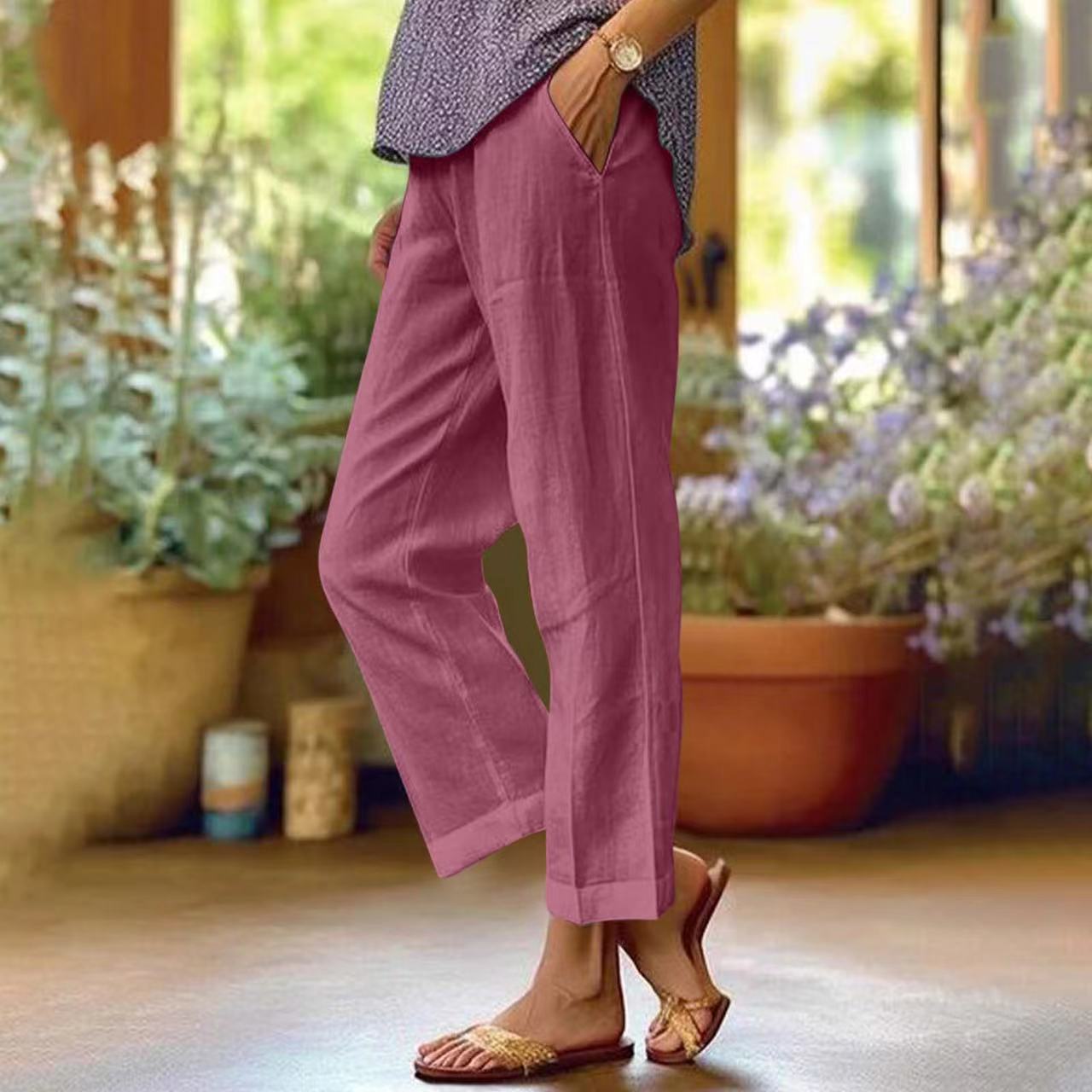 Loose Solid Color Elastic Waist Pocket Straight Cotton And Linen Casual Pants