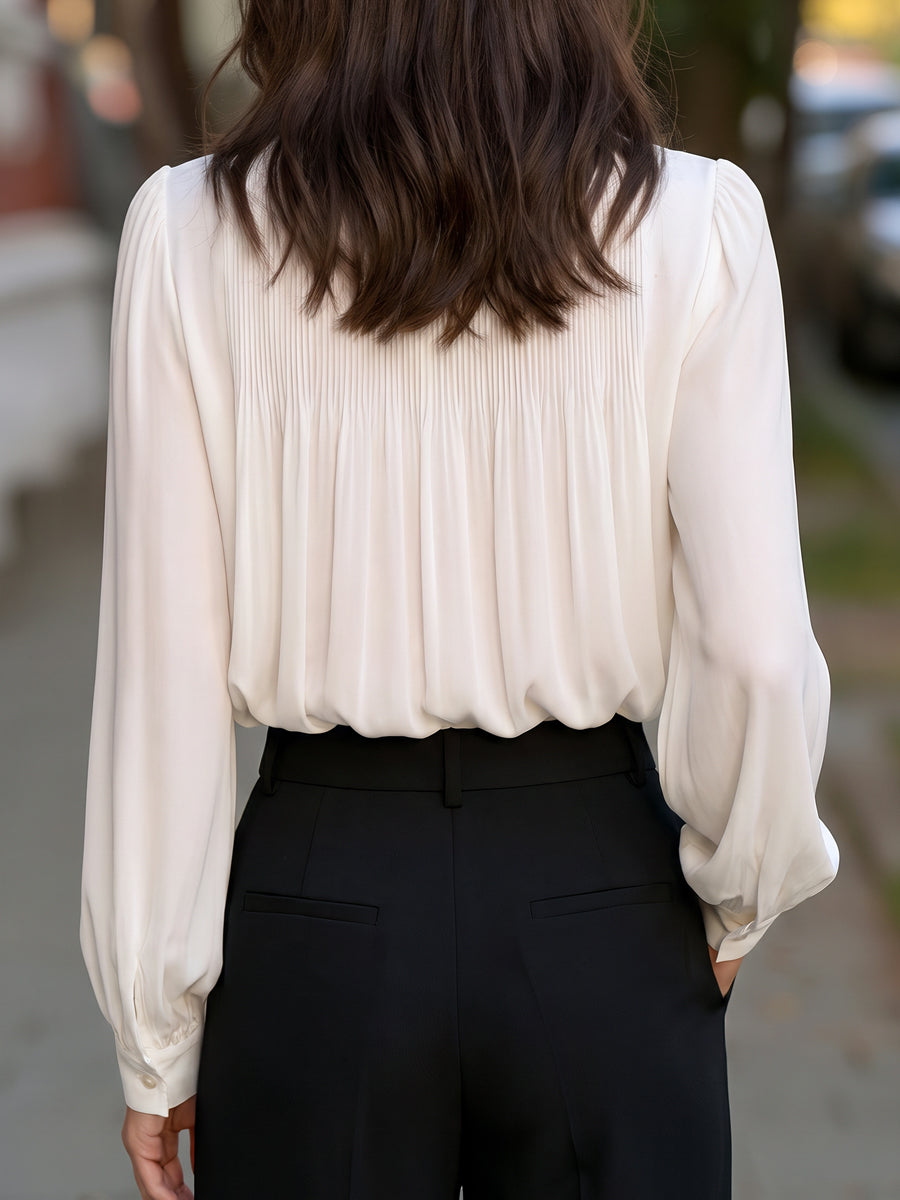 Pleated Mock Neck Long Sleeve Blouse