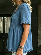 Women's Casual V-neck Ruffle Trim Denim Blouse