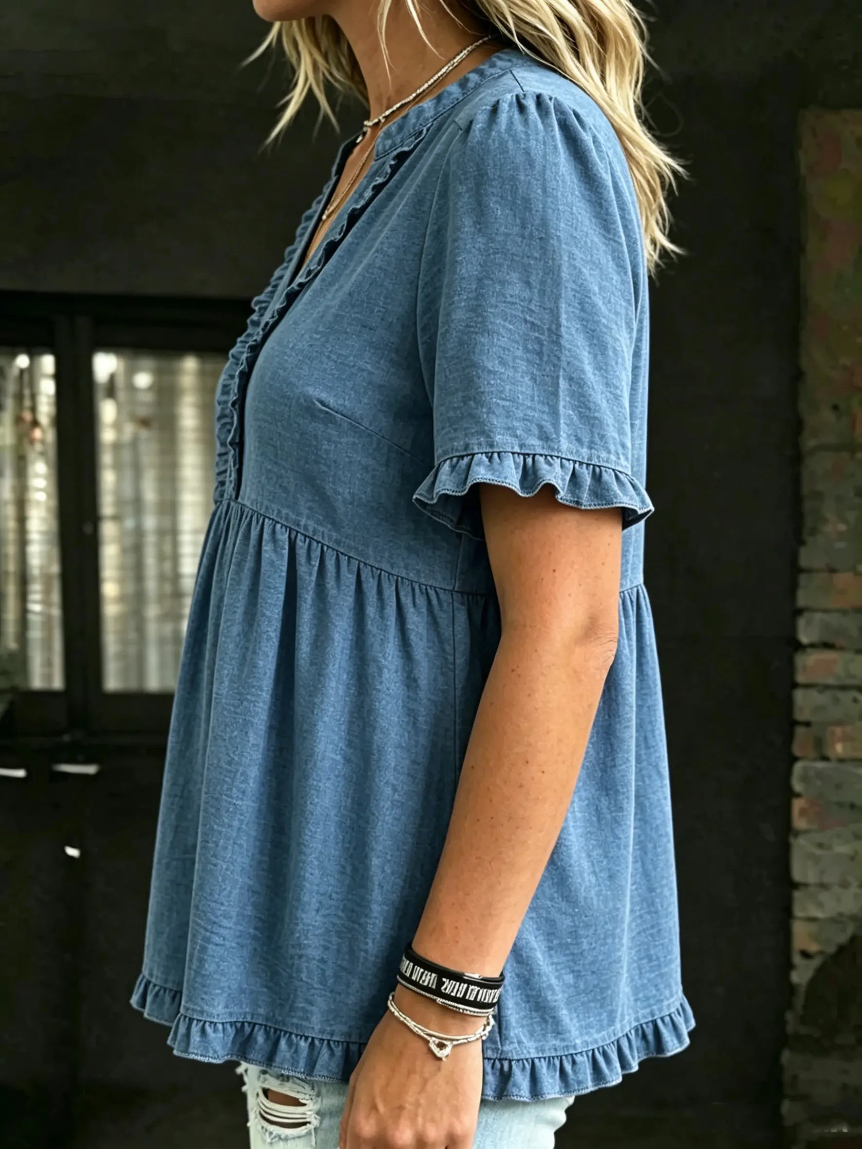 Women's Casual V-neck Ruffle Trim Denim Blouse