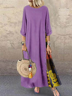 Women's Retro Floral Contrast Button Patchwork Cotton And Linen Casual Dress