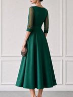 Satin Boat-Neck Mesh-Sleeve Fit-and-Flare Midi Dress