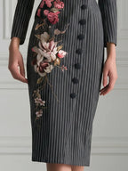 Floral Embroidered Pinstripe Tailored Blazer Dress