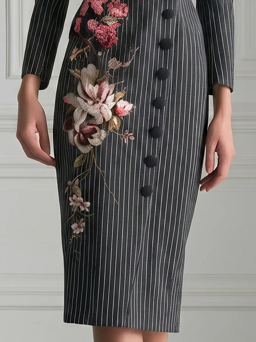 Floral Embroidered Pinstripe Tailored Blazer Dress