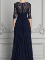 Navy Lace Dress Wrap V Neck Chiffon Slit Maxi Dress
