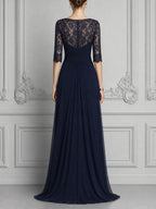 Navy Lace Dress Wrap V Neck Chiffon Slit Maxi Dress