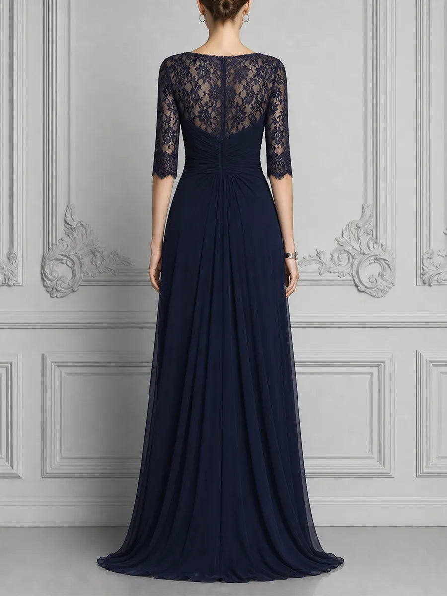 Navy Lace Dress Wrap V Neck Chiffon Slit Maxi Dress