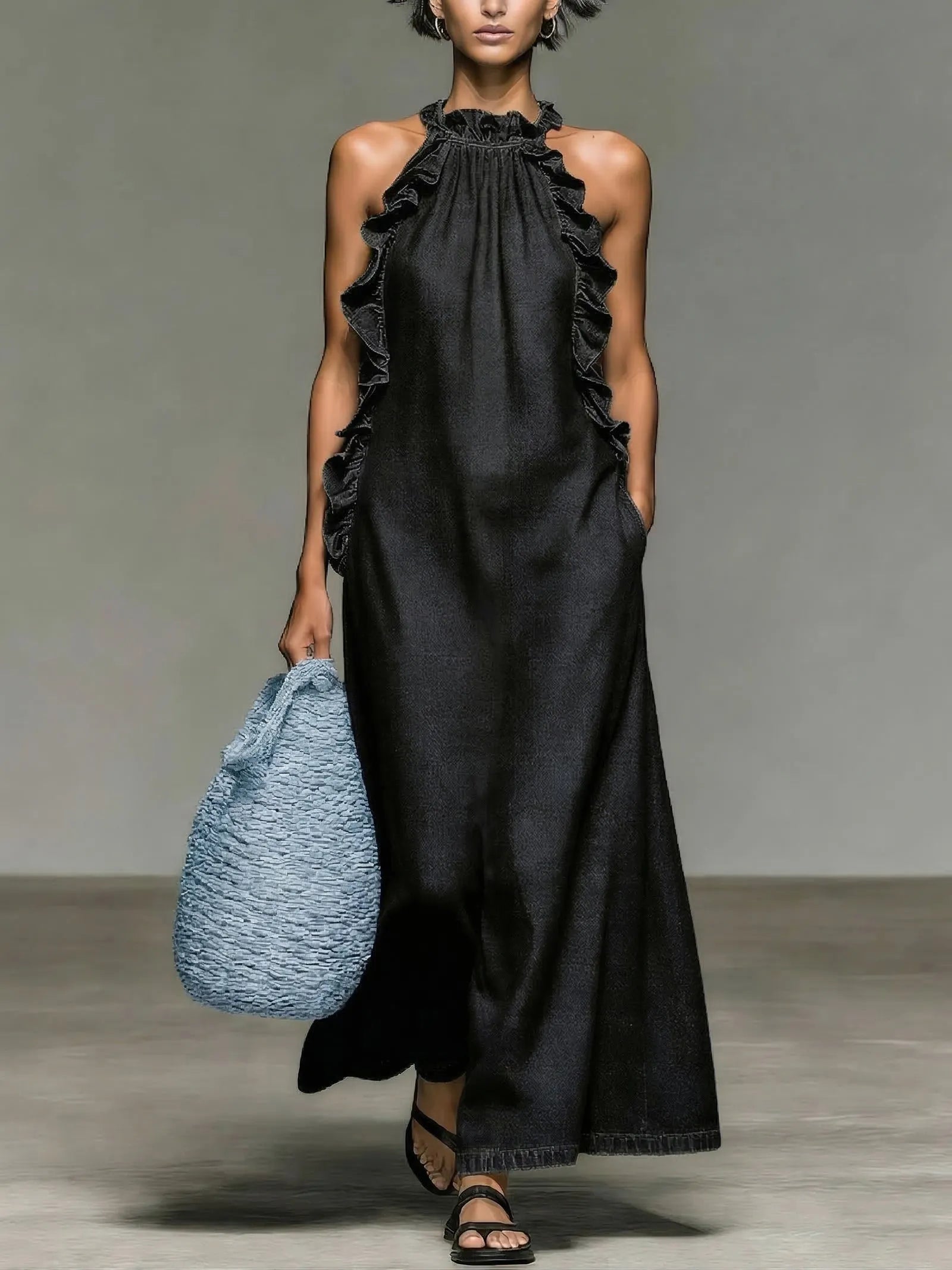 Elegant And Romantic Ruffled Denim Dress