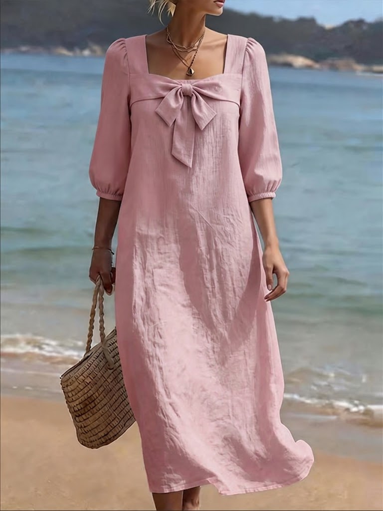 Stylish Square-neck Linen And Cotton Bow Dress