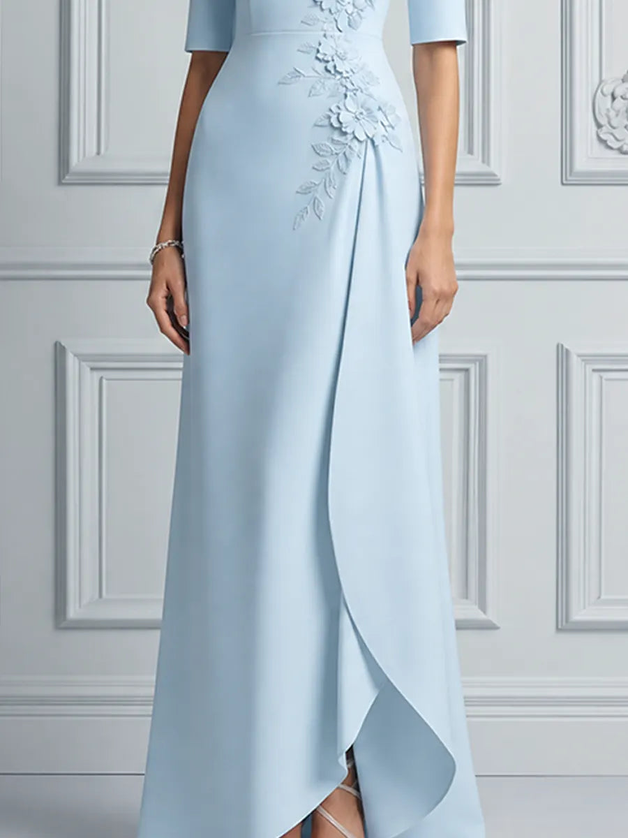 Blue Dress Fall Wedding Guest Dress Floral Appliqué Overlap Maxi Dress