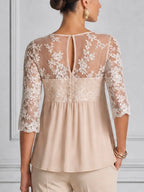 Ivory Lace Chiffon Empire Waist Blouse