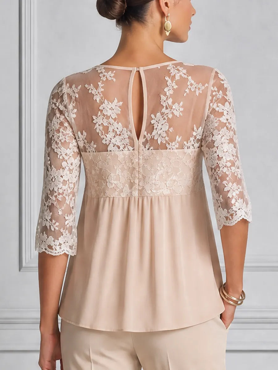 Ivory Lace Chiffon Empire Waist Blouse