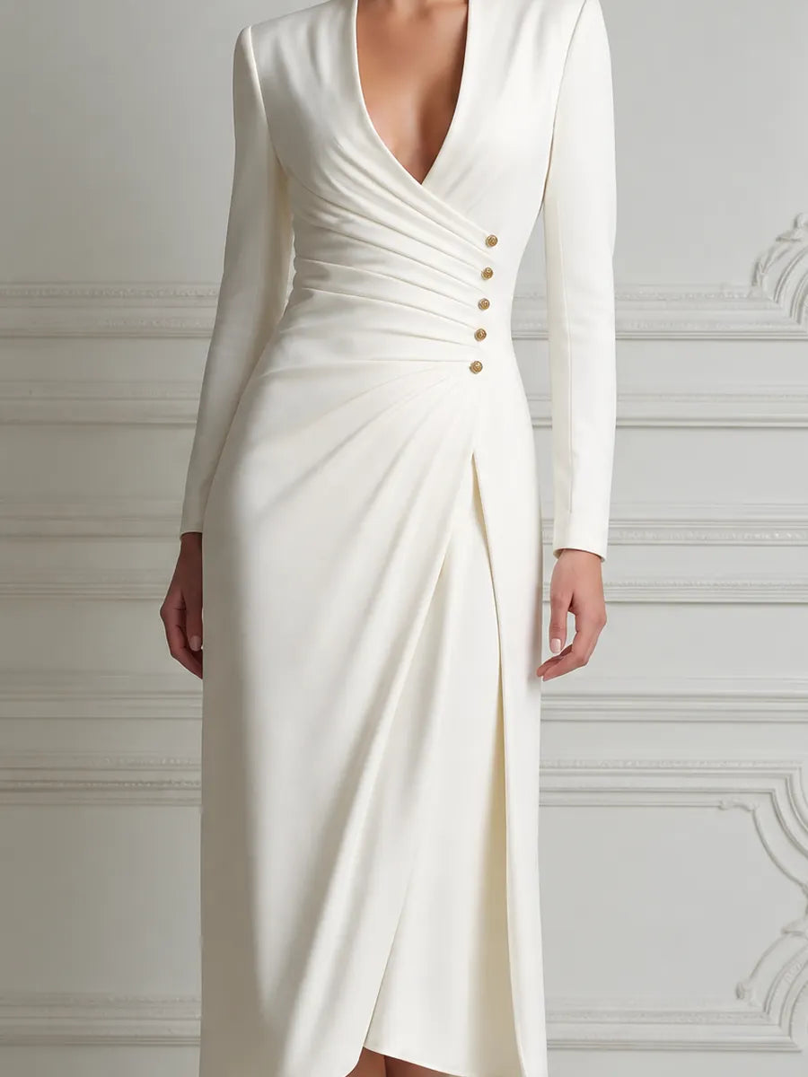 White Dress Wrap V Neck Ruched Button Slit Midi Dress