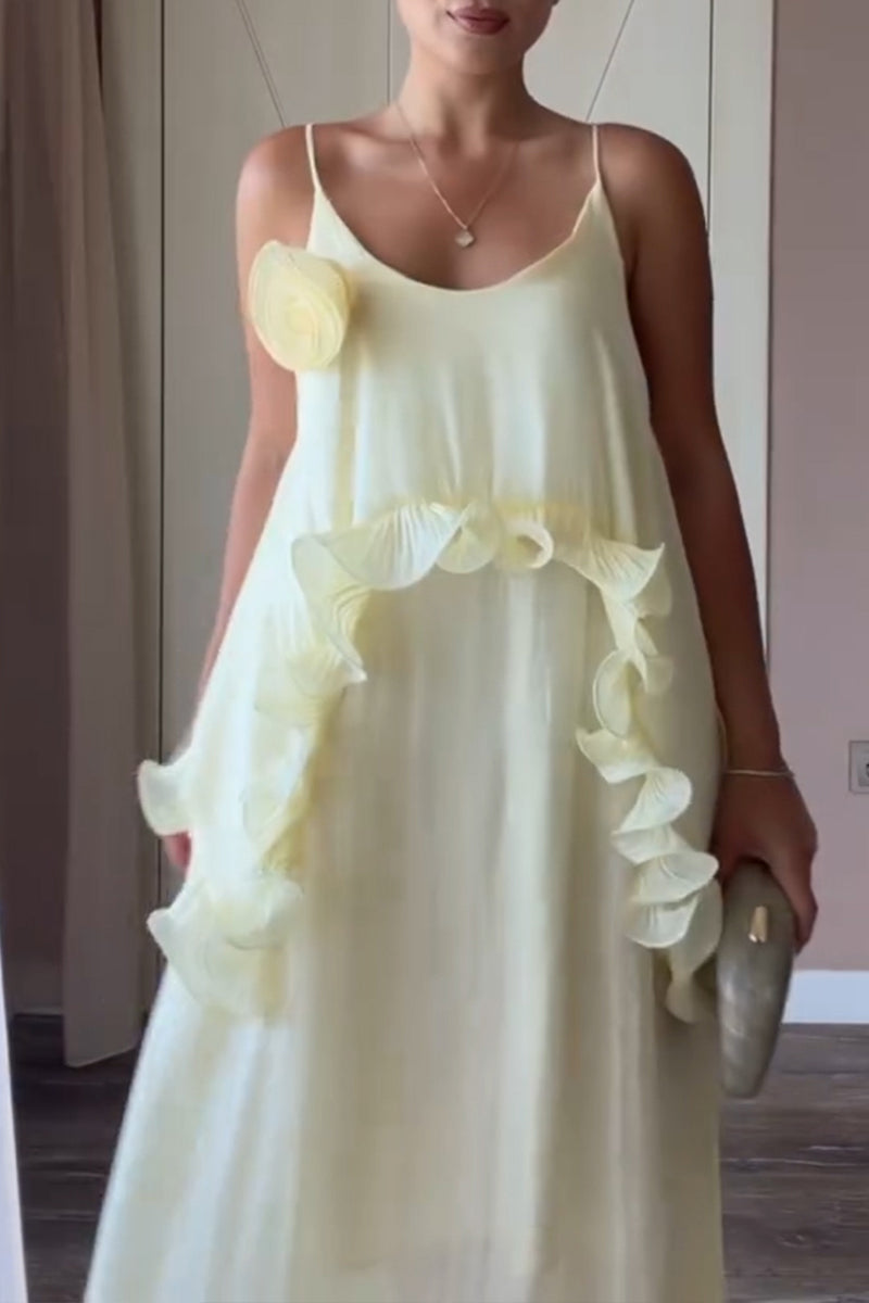 Women's Casual Loose Ruffle 3D Flower Decoration Maxi Dress