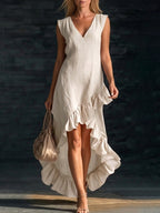 New Fashionable and Romantic Sleeveless V-Neck Cotton-Linen Long Dress with Ruffled Hem