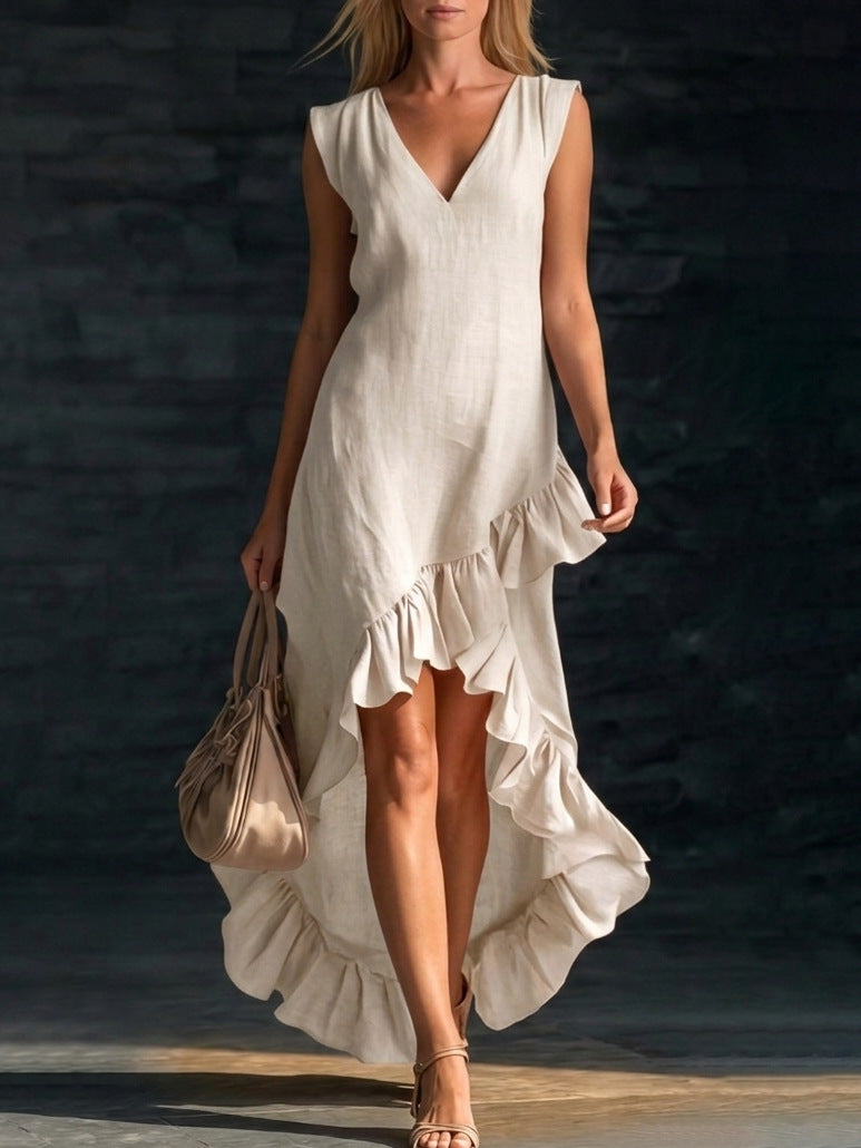 New Fashionable and Romantic Sleeveless V-Neck Cotton-Linen Long Dress with Ruffled Hem