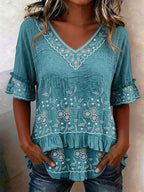 Women's Embroidery Print Casual Color-block Top