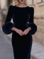 Faux-Fur Cuff Velvet Structured Midi Dress