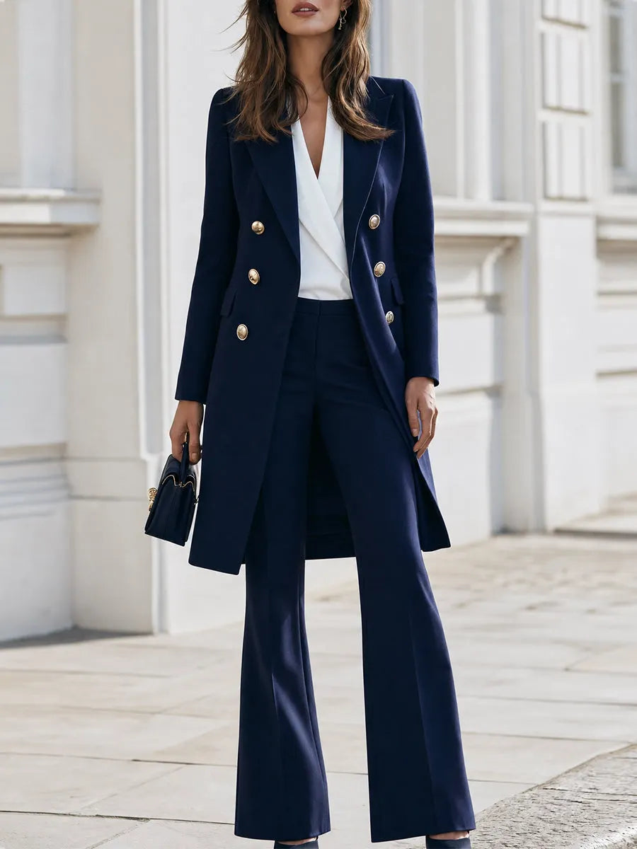 Double‐Breasted Long Blazer Coat & Flared Trousers Co‐Ord Set