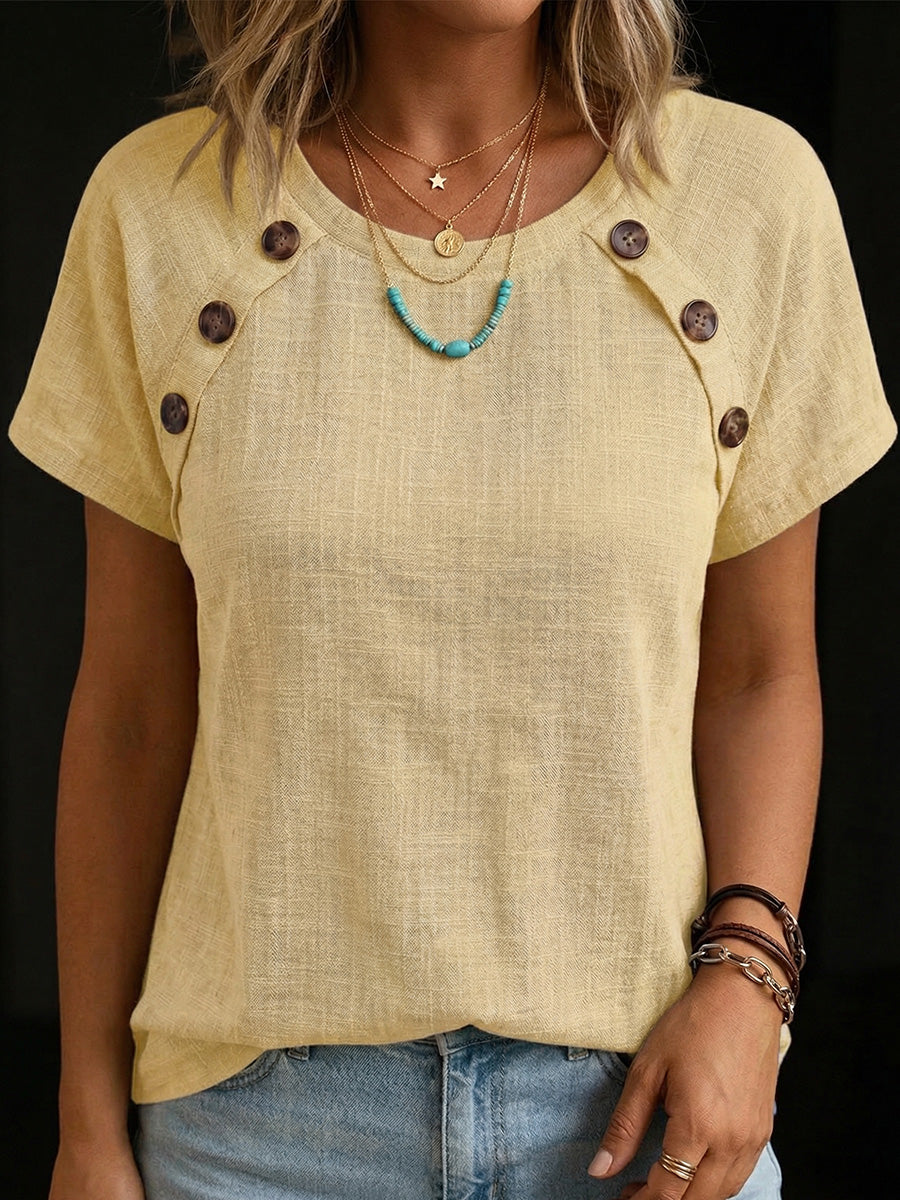Women's Round Neck Button Splicing Cotton Linen Top