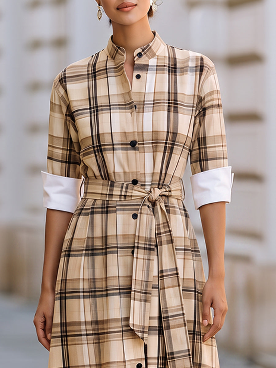 Plaid Belted Shirt Midi Dress
