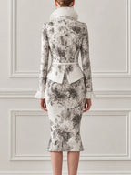 Ivory Grey Floral Print Pleated Ruffle Collar Tailored Blazer & Mermaid Midi Skirt Two-Piece Suit Set