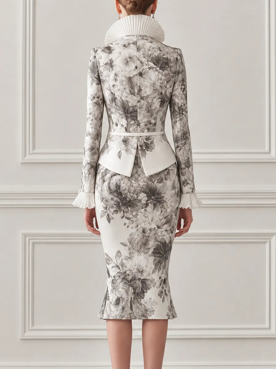 Ivory Grey Floral Print Pleated Ruffle Collar Tailored Blazer & Mermaid Midi Skirt Two-Piece Suit Set