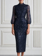 Sequin Lace Mock Neck Sheer Sleeves Midi Dress