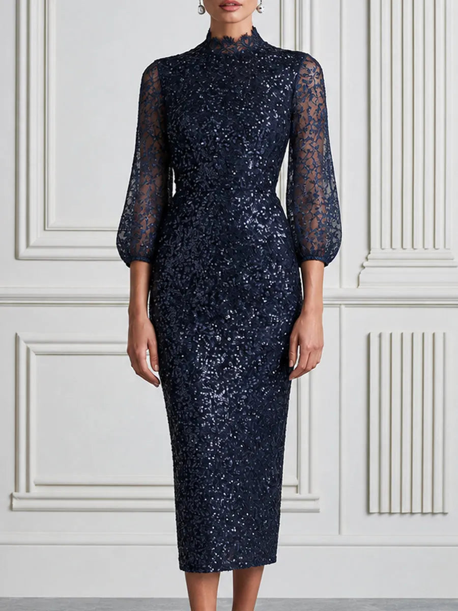 Sequin Lace Mock Neck Sheer Sleeves Midi Dress