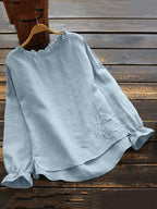 Vintage Flounce Floral Embroidery Cotton Linen Comfy Shirt