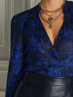 Royal Blue Floral Chiffon V Neck Bishop Sleeve Blouse