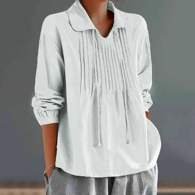 Solid Color Loose Pleated Collar Long Sleeved Shirt