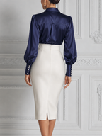 Navy Satin Shirt Blouse & Ivory High Waist Pencil Midi Skirt Two-Piece Set