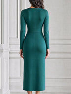 Elegant Ruffle Slit Long Sleeve Sheath Midi Dress