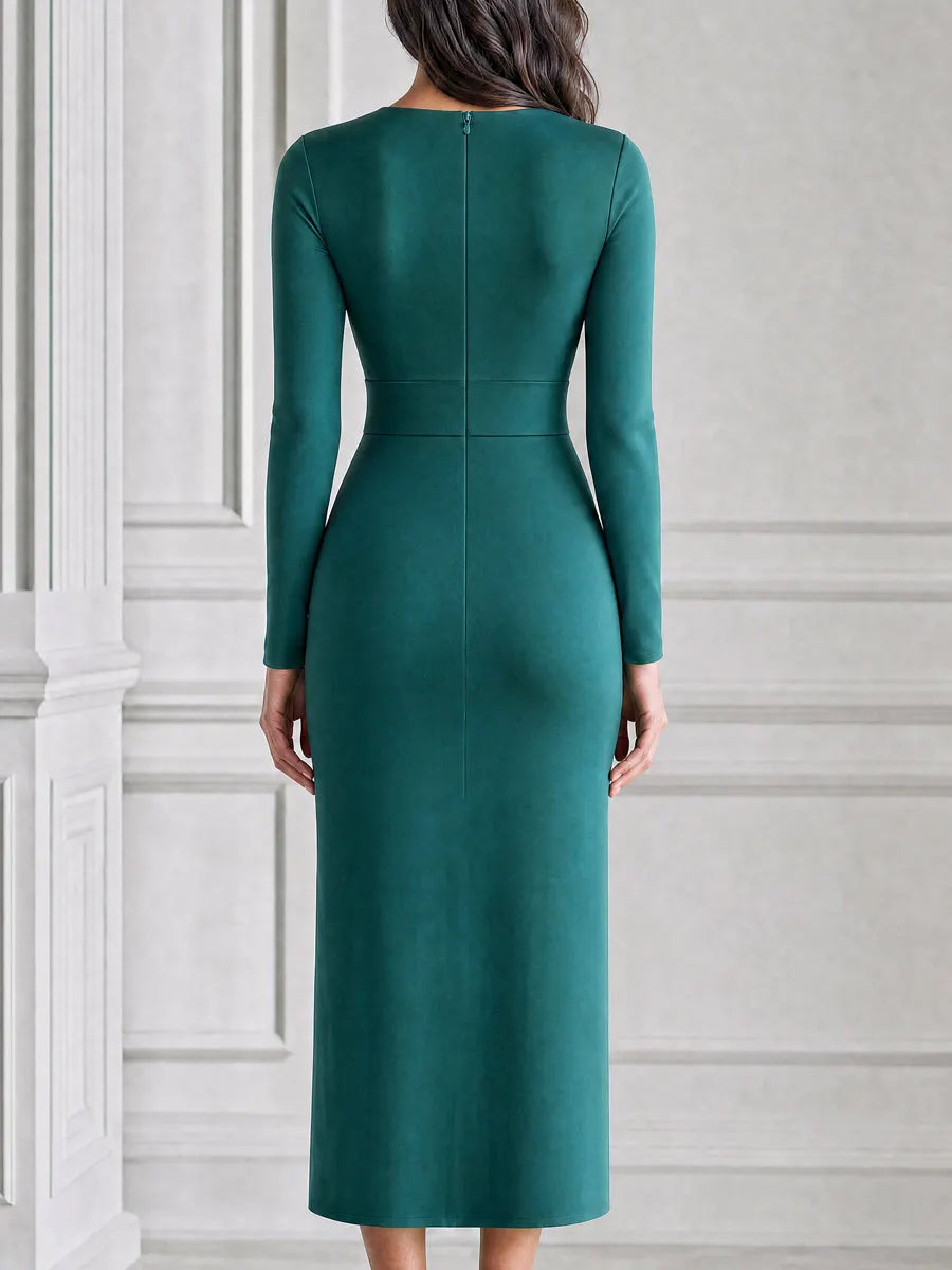 Elegant Ruffle Slit Long Sleeve Sheath Midi Dress
