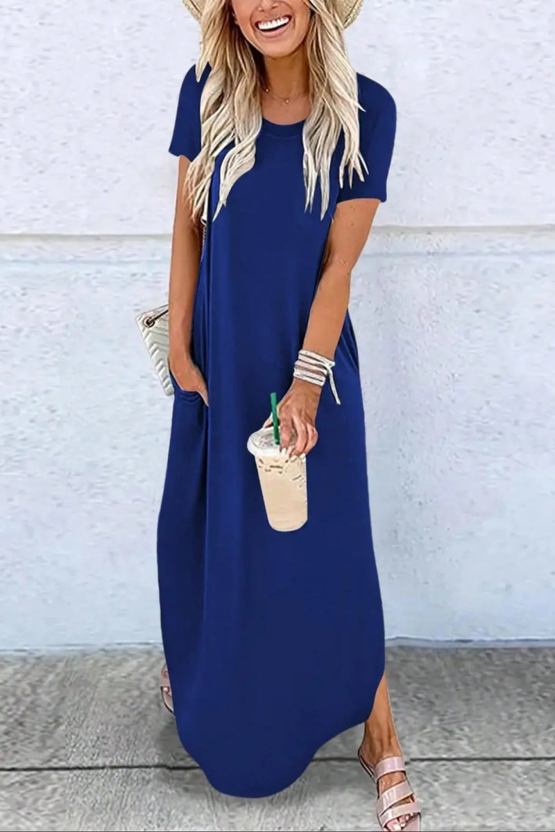 Women's Plain Pocket Round Neck Curved Hem Jersey Tee Dress Style