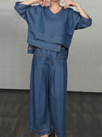 Women's Casual Denim Cotton Top And Pants Two-piece Set
