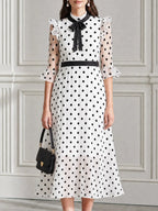 Polka Dot Bow Tie Neck Ruffle Sleeve Chiffon Midi Dress