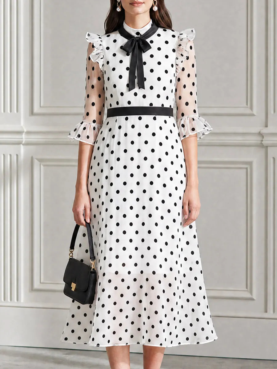 Polka Dot Bow Tie Neck Ruffle Sleeve Chiffon Midi Dress
