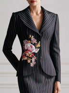 Floral Pinstripe Tailored Blazer And Pencil Skirt Set