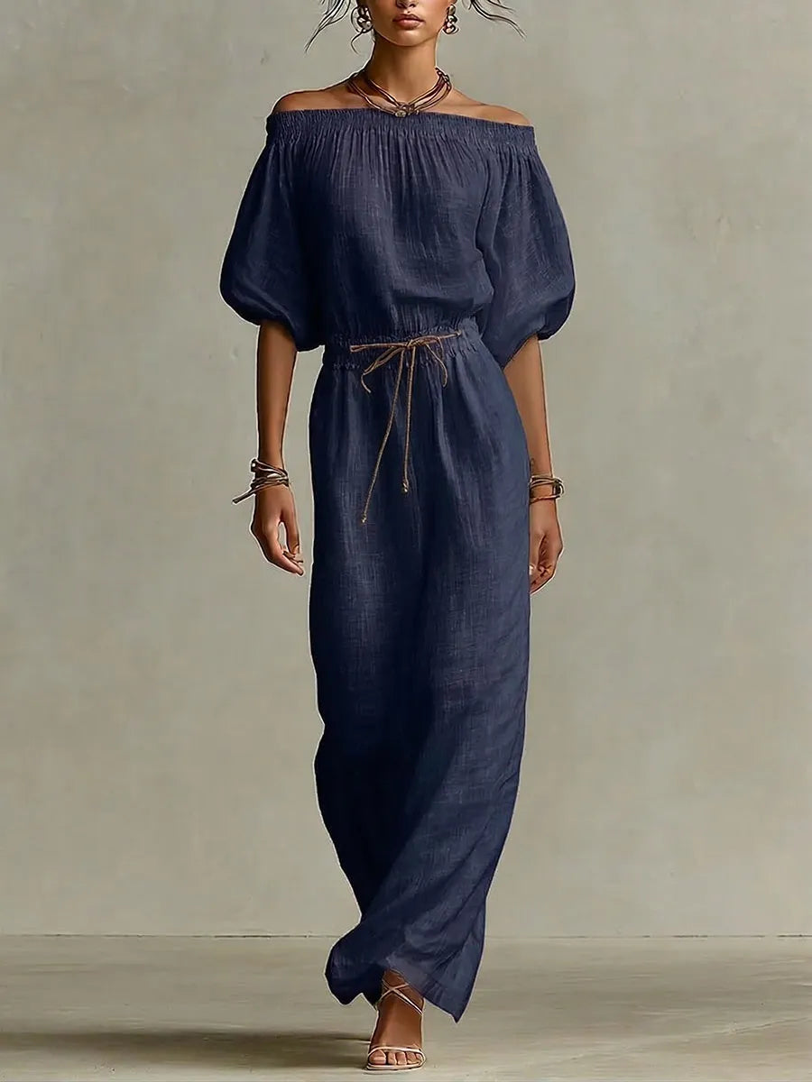 Women's Solid-color Off-the-shoulder 3/4-sleeve Casual Loose Cotton-linen Dress